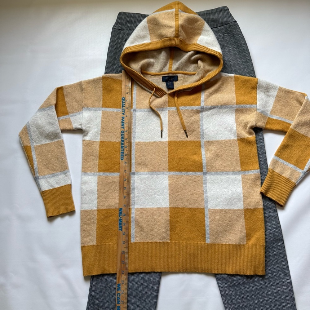 RACHEL Rachel Roy Mustard‎ Yellow Plaid Hooded Knit Sweater Size M Cottagecore - Picture 6 of 8